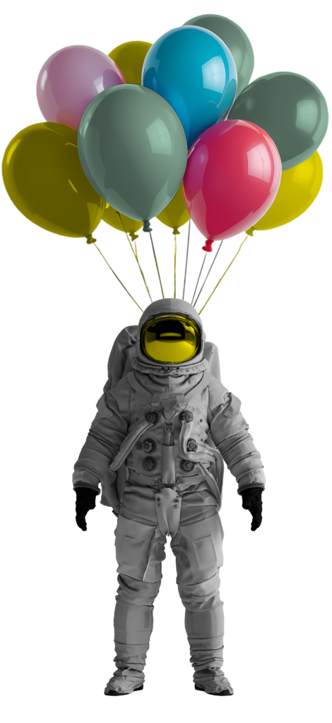 Astronaut mit bunten Luftballons vor schwarzem Hintergrund